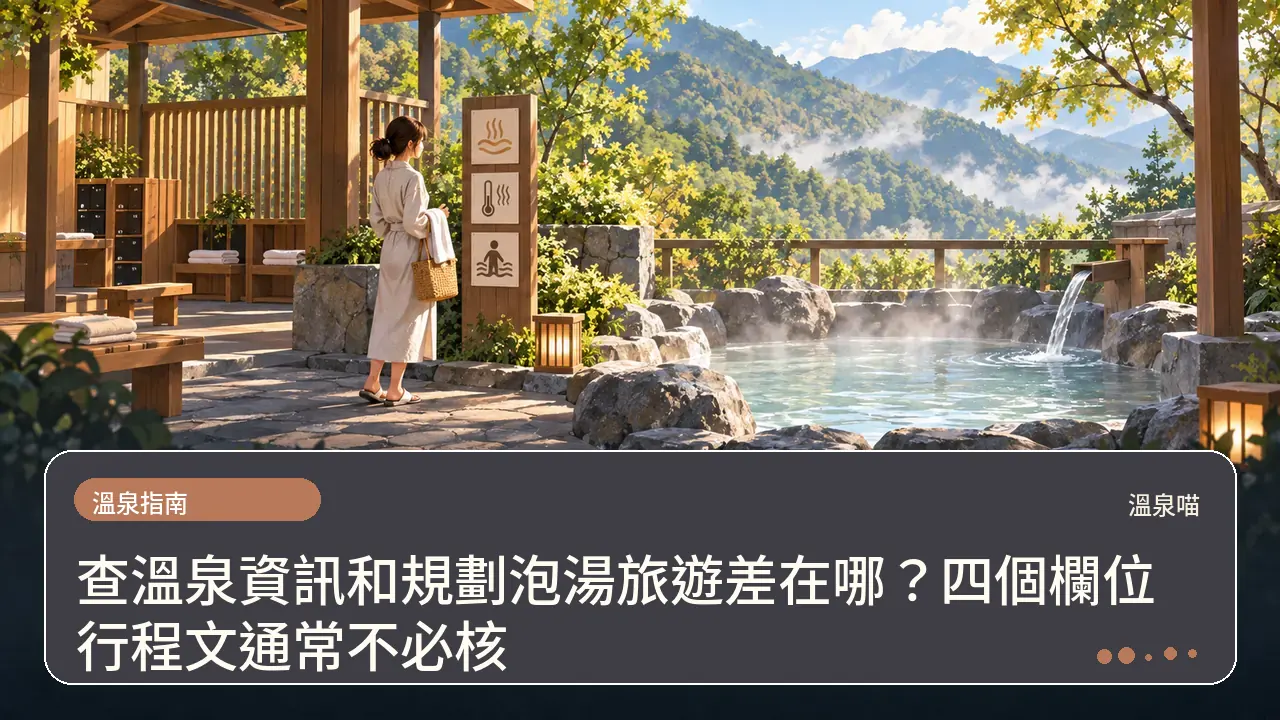 查溫泉資訊和規劃泡湯旅遊差在哪？四個欄位行程文通常不必核主題插畫