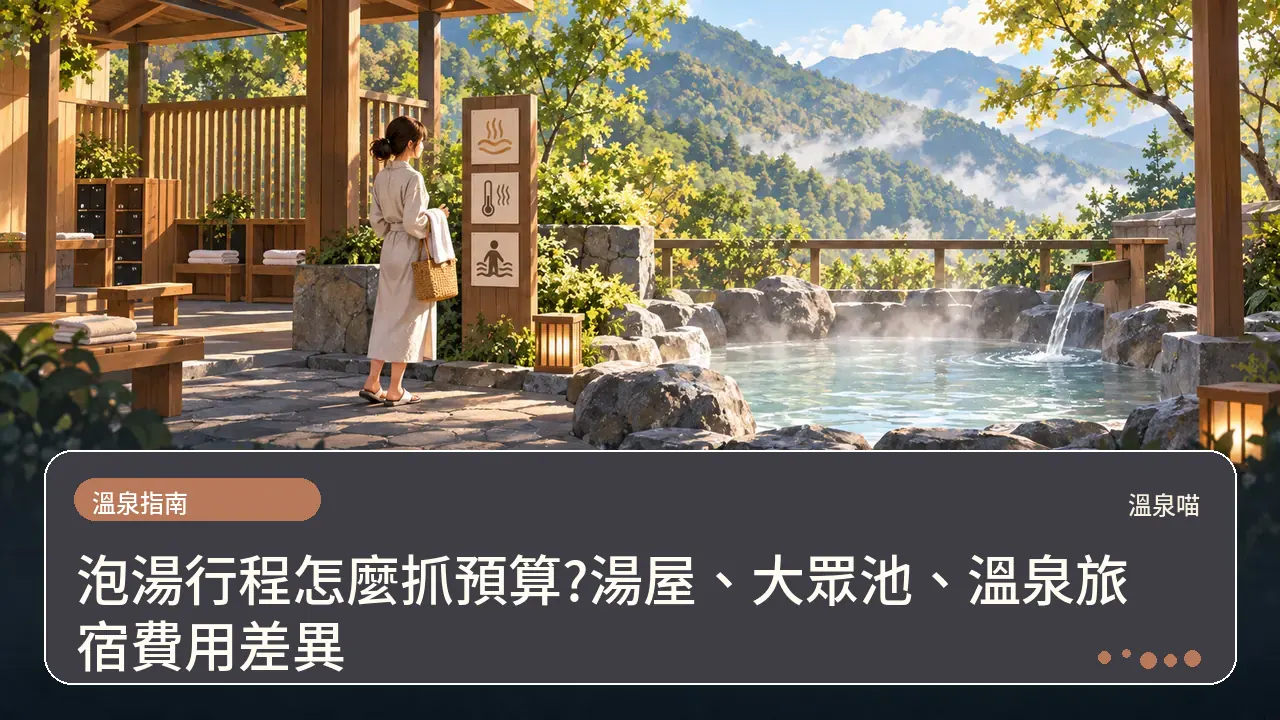泡湯行程怎麼抓預算?湯屋、大眾池、溫泉旅宿費用差異主題插畫