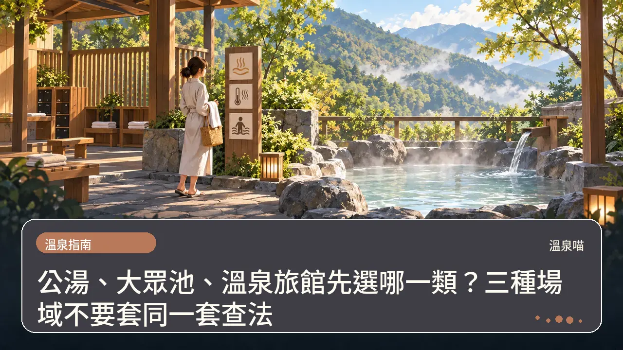 公湯、大眾池、溫泉旅館先選哪一類?三種場域不要套同一套查法主題插畫